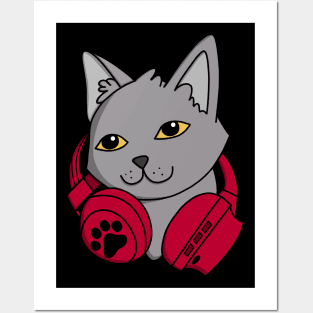 British Shorthair Cat's Headphones Posters and Art